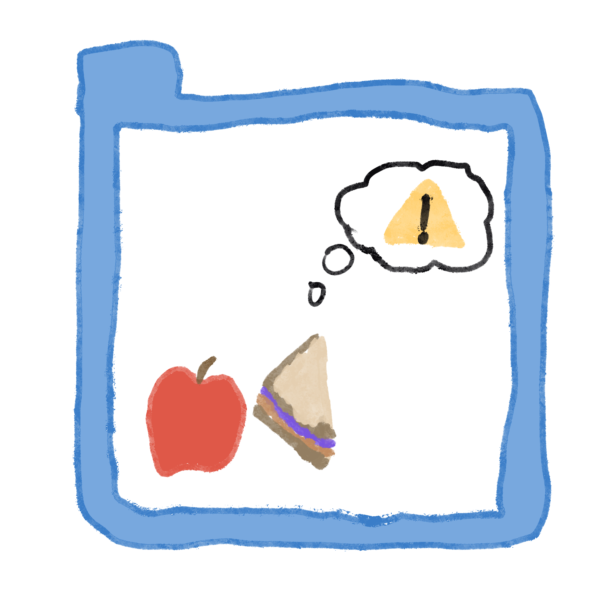  blue folder outline with an apple and a peanut butter and jelly sandwich inside, a thought bubble comes out of it with a yellow caution symbol